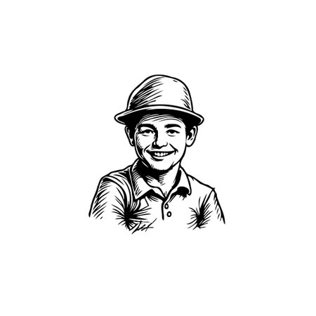 This monochrome drawing depicts a cheerful young boy wearing a retro hat and radiating a smile. The sketch style adds a vintage yet fresh feel to the artwork, capturing the boy's youthful innocenceのイラスト素材