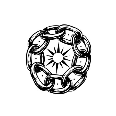 A striking monochrome illustration showcases a circular chain intricately linked symbolizing interconnectedness and unbreakable strength. At the heart of this formidable structure a radiantのイラスト素材
