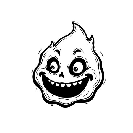 A whimsical abstract black and white drawing of a flame character with expressive eyes and a cheerful grin. This spooky and unique illustration makes for a perfect digital art piece or fun print.のイラスト素材