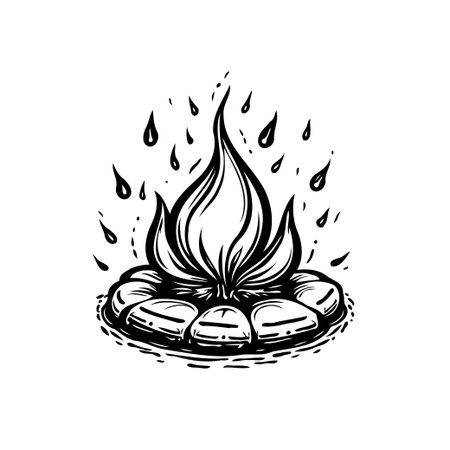 An artistic depiction of a campfire burning strong despite the falling rain, showcasing the resilience of fire against the elements. The monochromatic drawing symbolizes persistence and the power ofのイラスト素材
