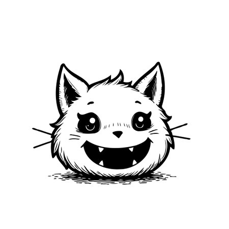 An endearing cartoon illustration of a cat's face showcases its expressive eyes and a wide, toothy grin. The monochrome design captures a playful and charming essence, ideal for enhancing designsのイラスト素材