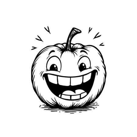 A delightful monochrome illustration showcases a pumpkin character radiating joy. With an exaggerated grin and cheerful expression, this whimsical design captures the spirit of autumn. Perfect forのイラスト素材