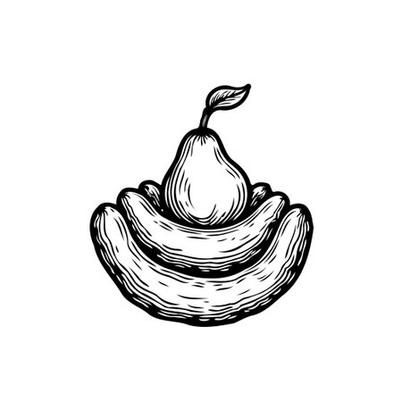 A minimalist black and white sketch features a pear delicately perched on a bed of bananas, emphasizing balance and the artistic composition. This image evokes freshness, simplicity, and naturalのイラスト素材