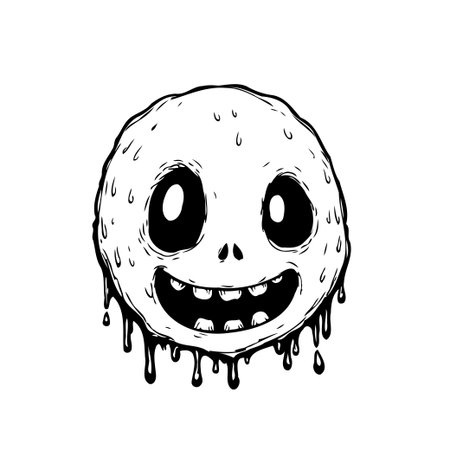 This grayscale cartoon presents a whimsical melting monster head with dripping details. The expressive eyes and stylized design add a playful spooky touch. Perfect for Halloween, fantasy themes, orのイラスト素材