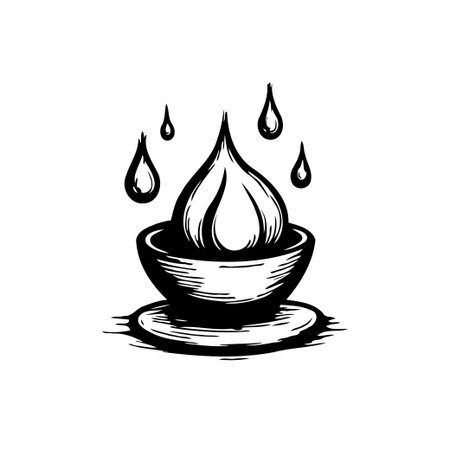 This minimalist illustration portrays a clean and elegant scene, featuring stylized drops above a bowl and plate. The monochrome design uses simple lines to evoke a sense of calmness, balance, andのイラスト素材