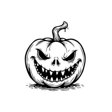 This is a stylized black and white illustration of a spooky jack o lantern, perfect for Halloween or autumn themed designs. The intricate linework and monochrome aesthetic provide a classic yetのイラスト素材