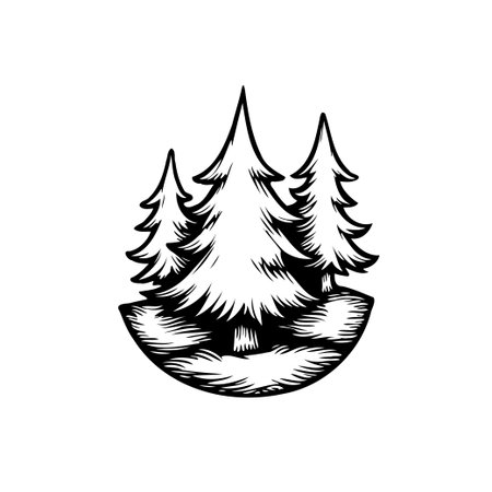 A minimalist monochrome illustration depicting three stylized evergreen trees nestled on a simple ground feature. This artwork evokes a sense of serene wilderness and outdoor exploration with itsのイラスト素材