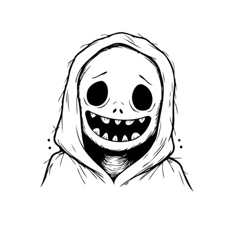 A black and white illustration shows a cartoonish, ambiguous character cloaked in a hooded shroud. The characters expression reflects inner turmoil and conflict, illustrated through strong visualのイラスト素材
