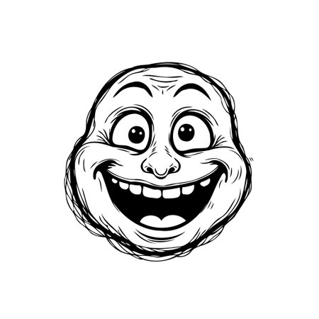 A whimsical cartoon illustration features a face with an exaggerated smile, conveying a sense of joy and humor. The bold lineart and simplified design contribute to the comical nature of thisのイラスト素材