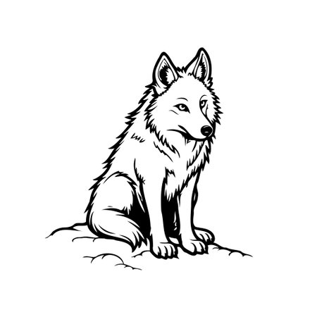 A detailed vector illustration presents a sitting wolf in monochrome, offering a captivating glimpse...