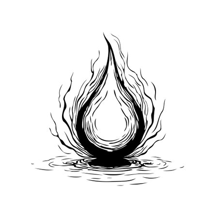 A stylized black and white illustration featuring a flame-like shape reflected in water. The design is minimalist and abstract, with artistic lines. It evokes concepts of fire, energy, and theのイラスト素材