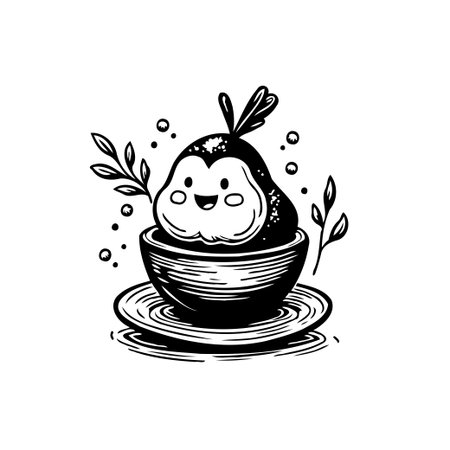 Delightful drawing of a kawaii style pear character nestled sweetly inside a cup upon a saucer, accented with charming foliage.  Isolated vector illustration perfect for adding a touch of innocentのイラスト素材