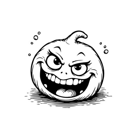 This black and white cartoon illustration features a round, quirky character with large expressive eyes and a wide, toothy grin. The design is simple yet engaging, conveying a sense of fun andのイラスト素材