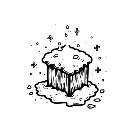 A quirky illustration showcasing a cube-like object with a notably fluffy, uneven top. Small, stylized particle shapes float around it, adding a sense of lightness and movement. The monochromeのイラスト素材