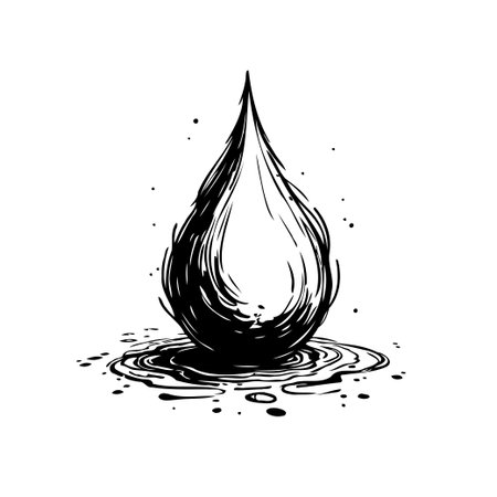Monochrome graphic with dynamic swirl and splash illustrates a liquid ink drop, its textured surface providing creative backdrop for diverse projects. This stylized design adds an artistic elementのイラスト素材