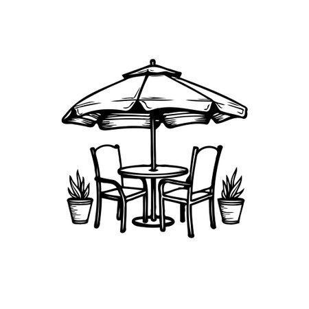 A monochrome illustration showcases a serene outdoor cafe scene. The composition features a shaded table and chairs beneath an umbrella. Potted plants add a touch of tranquility, making it a perfectのイラスト素材