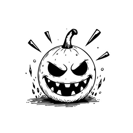An illustration features a menacing pumpkin face with exaggerated features, embodying the spirit of Halloween. The stylized grin and shadowy eyes convey a sense of playful fright, rendering itのイラスト素材