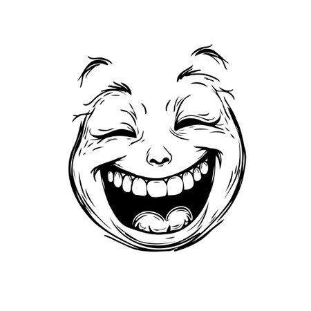 A stylized drawing showcases a face overcome with laughter. The open mouth reveals a row of teeth, while the eyes are closed in mirth. This illustration captures the essence of pure, unadulteratedのイラスト素材