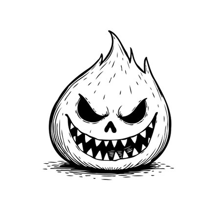 A striking monochromatic illustration portrays a flame-shaped monster with a menacing grin. The sharp teeth and intense eyes evoke a sense of unease, perfectly capturing the essence of darkness andのイラスト素材