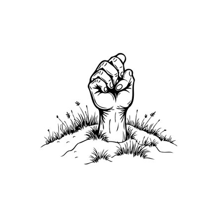Monochrome depiction of a clenched fist emerging from the earth surrounded by grass symbolizes overcoming challenges and demonstrating unyielding resolve. It represents strength, resilience, and theのイラスト素材