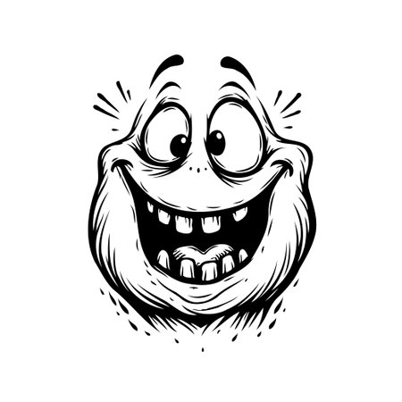 A charming cartoon sketch shows a joyful face with funny details and expressive lines. This whimsical character design captures a sense of fun and positivity. Perfect for illustrating humor orのイラスト素材