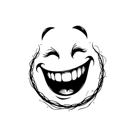 A whimsical cartoon face with an exaggerated smile radiates pure joy and happiness. Delicate vines frame the face, enhancing the artistic and playful nature of the illustration. The drawing capturesのイラスト素材