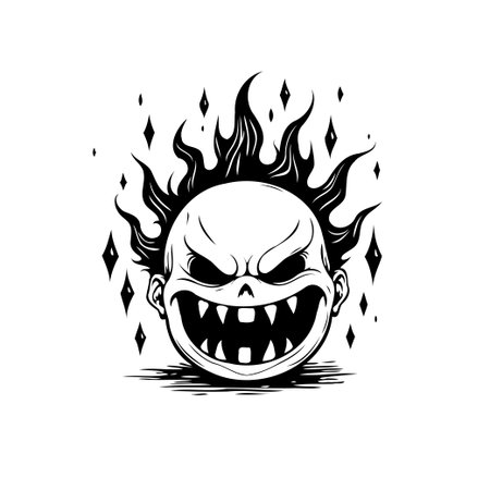 A stylized illustration shows an unnerving flaming head with sharp spiky protrusions. Jagged teeth and sinister eyes contribute to the overall menacing character and create a dark, creepy cartoonのイラスト素材