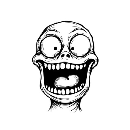 This eye-catching illustration features an expressive cartoon face, designed with exaggerated features in a bold black and white style. The unique combination of the playful illustration style andのイラスト素材