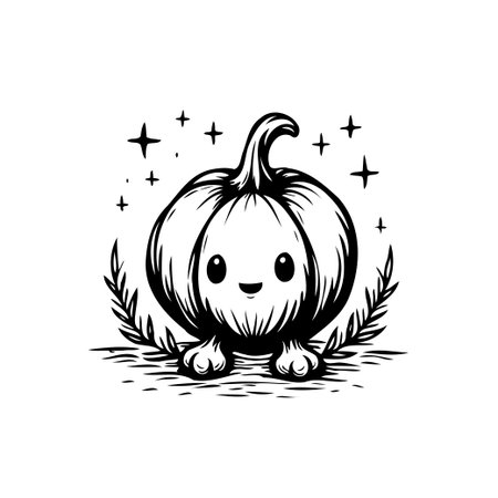 An adorable pumpkin vector illustration surrounded by twinkling stars and vegetal elements, isolated on a white background. Perfect for festive designs, Halloween decorations, seasonal projects, andのイラスト素材