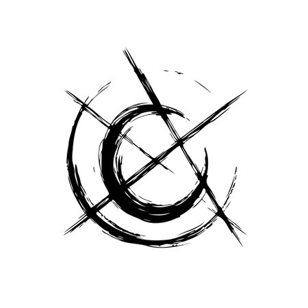 Abstract graphic art featuring a grunge crescent moon encircled by radiating lines. This artistic...