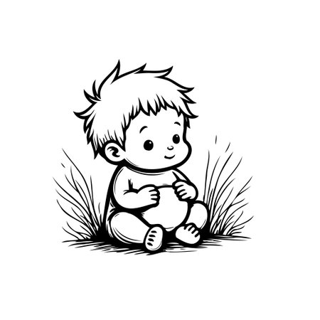 A delightful monochrome drawing shows a baby sitting sweetly amidst gentle grass. It conveys a sense of innocence and serenity, with its pure lines and uncomplicated composition capturing the tenderのイラスト素材