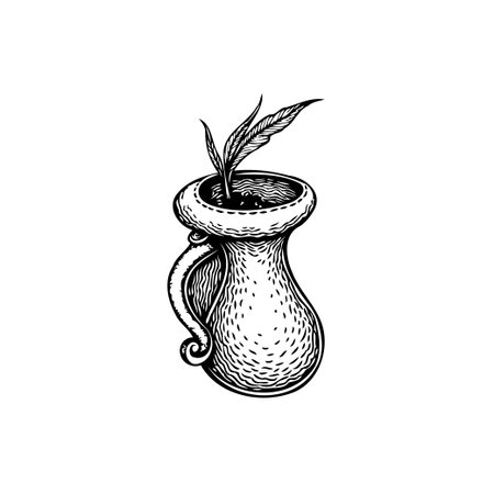 A delicate hand-drawn illustration features a young plant with a few sprouting leaves emerging from an ornamental vessel. This botanical sketch conveys the simple beauty of nature and the optimisticのイラスト素材
