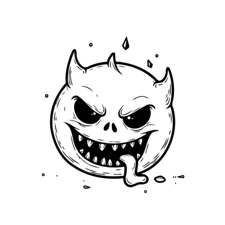 This stylized monochrome illustration features a cartoonish devil character with horns, sinister eyes, and a wide, toothy grin. The design offers a spooky and comical aesthetic, perfect forのイラスト素材