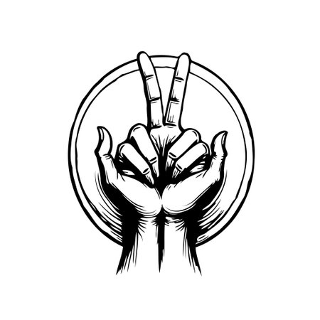 Detailed monochrome illustration presenting hand displaying peace or victory within perfect circle. The artwork evokes themes of harmony, freedom, and expressive communication. This drawingのイラスト素材