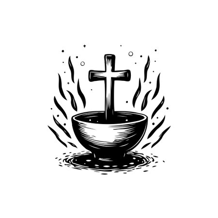 An artistic representation of faith and spirituality. A cross is positioned in a bowl, surrounded by flickering flames and cosmic particles. This image evokes feelings of hope, guidance, andのイラスト素材