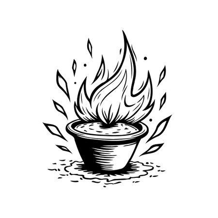 An artistic monochrome illustration depicts a stylized flame emanating from a contained vessel, suggestive of contained power. The flame's dynamic form provides a bold element for graphicのイラスト素材