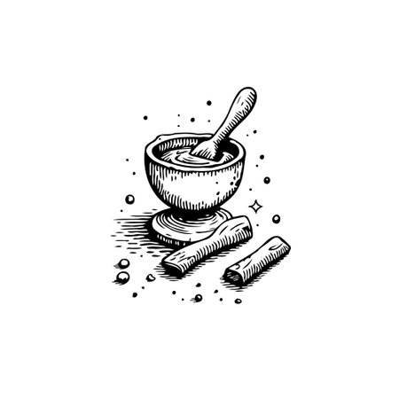 This hand-drawn image depicts a mortar filled with cream alongside cinnamon sticks. It showcases a blend of culinary and beauty themes. The illustration brings an artistic touch suitable forのイラスト素材