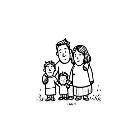 A minimalist illustration depicts a family of four standing close together conveying a sense of love unity and connection. The artwork captures the simple joys of family life through clean lines andのイラスト素材