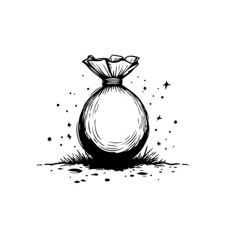 A captivating monochrome illustration features a tied sack, hinting at concealed treasures. The detailed texture adds depth and mystery, inviting viewers to imagine the riches held within. Thisのイラスト素材