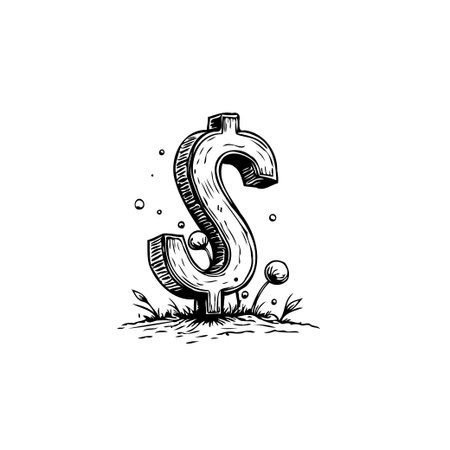 This monochrome illustration depicts a dollar symbol sketch emerging from textured ground. It represents concepts like financial growth, monetary value, and the blossoming of wealth. It is aのイラスト素材
