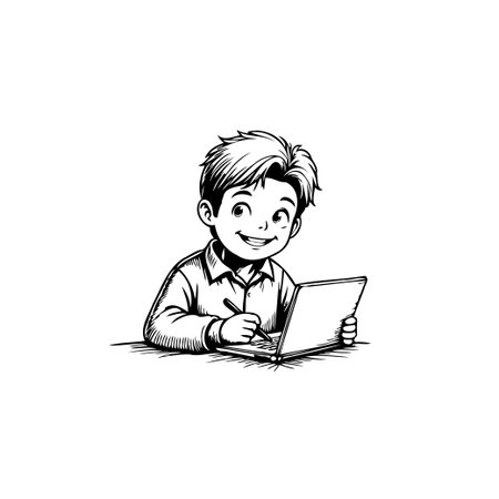 An adorable cartoon boy is depicted with a wide smile while interacting with a laptop using a pen. This image highlights the concept of modern education, illustrating how technology can beのイラスト素材