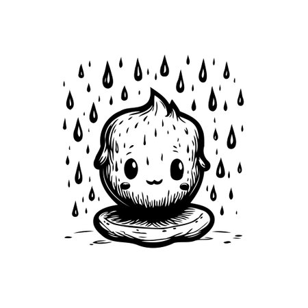 A charming, monochrome illustration showcases a cute, resilient character happily braving a downpour. The design features stylized raindrops and a simple, minimalist aesthetic, conveying a sense ofのイラスト素材