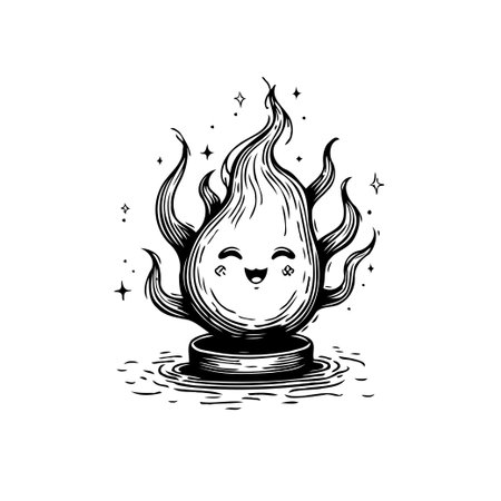 A cheerful flame character stands on a round base, emanating warmth and happiness. This cute, playful illustration showcases a cartoon style, ideal for adding a touch of whimsy and positive energyのイラスト素材