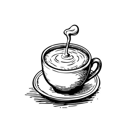 This image presents a detailed, hand-drawn illustration of a coffee cup with steam rising from the surface, set on a saucer. The monochromatic, line-art style emphasizes the simplicity and eleganceのイラスト素材