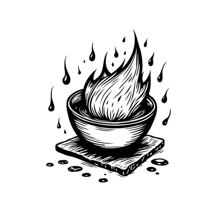 A monochrome illustration presents a bowl filled with what appears to be fire. Numerous dark droplets float around, enhancing the surreal, potentially magical atmosphere. The artwork featuresのイラスト素材