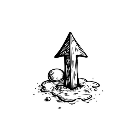 A sketched conceptual image presents an arrow emerging upwards from a fluid state near a sphere. The contrast in texture adds depth, suggesting advancement and the ability to overcome fluidity withのイラスト素材