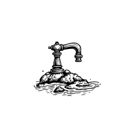 An isolated vintage faucet sits atop a patch of submerged terrain, evoking themes of resilience, potential environmental issues and artistic expression. This artistic rendering conveys a sense ofのイラスト素材