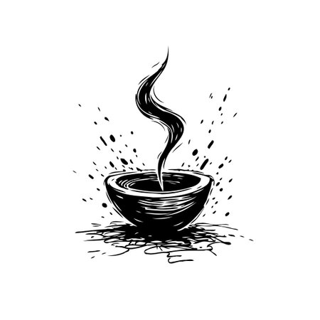 A handcrafted bowl emits a delicate plume of steam or smoke, captured in a monochrome ink sketch style. The illustration focuses on the interplay of light and shadow, bringing a sense of quiet andのイラスト素材