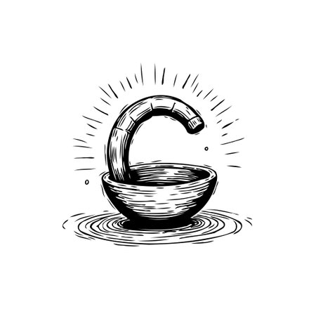 A monochrome artistic drawing showcases a uniquely shaped spout gracefully pouring water into a round bowl. The design is stylized with hand-drawn elements that lend a vintage engraving aesthetic.のイラスト素材