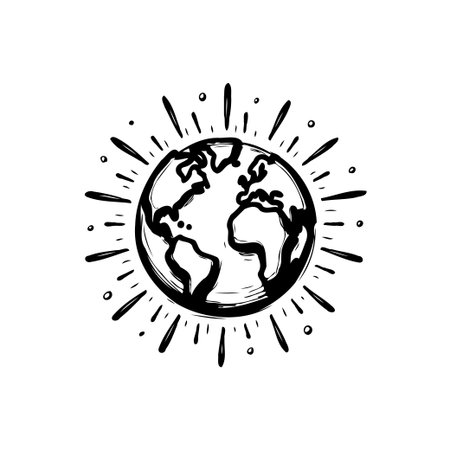 A hand-drawn illustration depicts the Earth encircled by emanating light. This design symbolizes global awareness promoting planetary connection and environmental sustainability. The imageのイラスト素材
